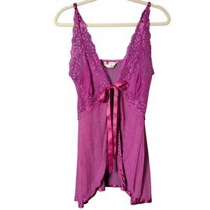 Victoria's Secret Pink Purple Lace Front Bow Tie Sheer Babydoll Lingerie Large